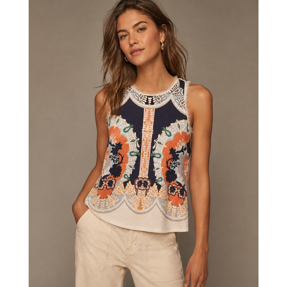 Anthropologie Postmark Sleeveless Top Small Multicolor Scarf Print Boho Fringe